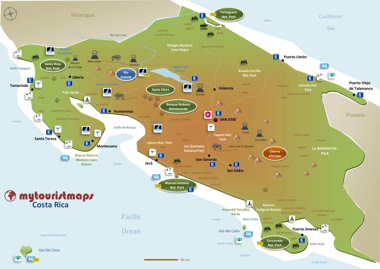 map of costa rica tourist spots