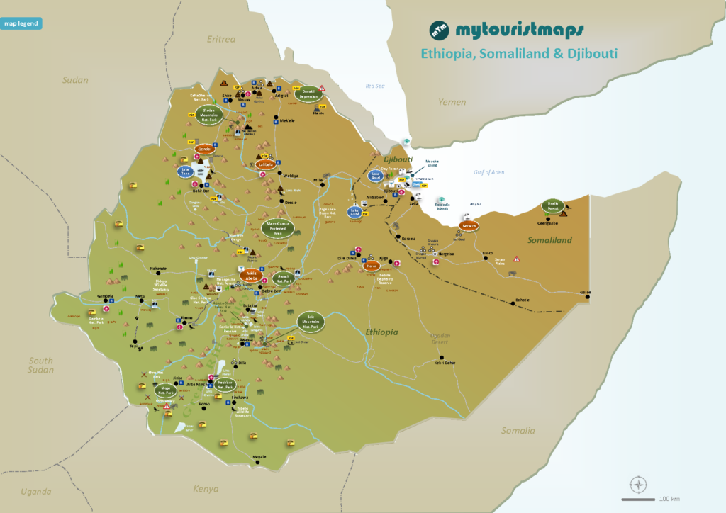 Tourist map of Ethiopia, Somaliland & Djibouti
