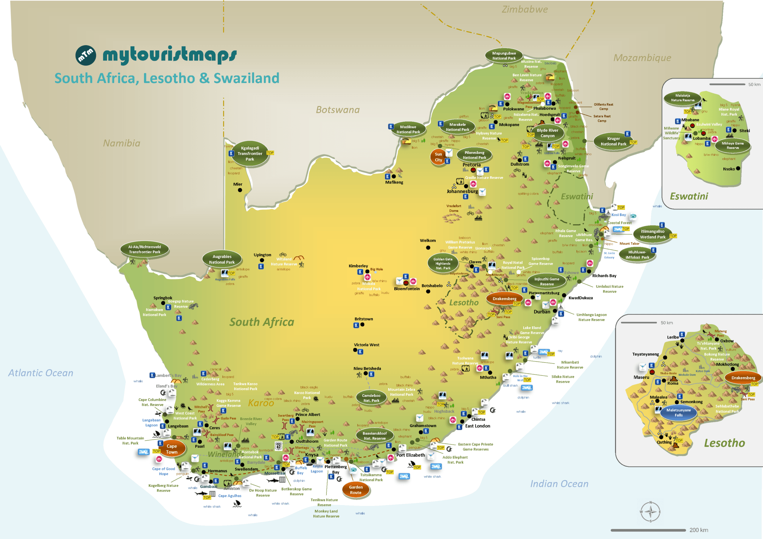 Mappa turistica di Sudafrica Lesotho & Swaziland