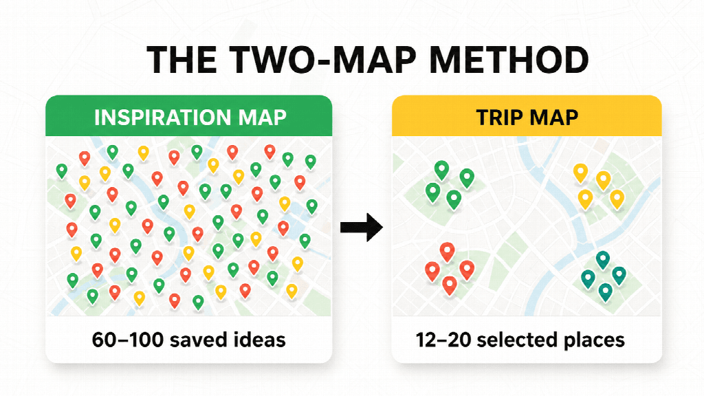 The two-map method: a large inspiration map becomes a focused trip map