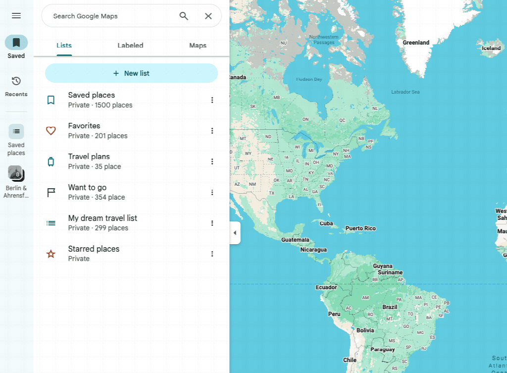 A collection of saved place lists used while planning a trip